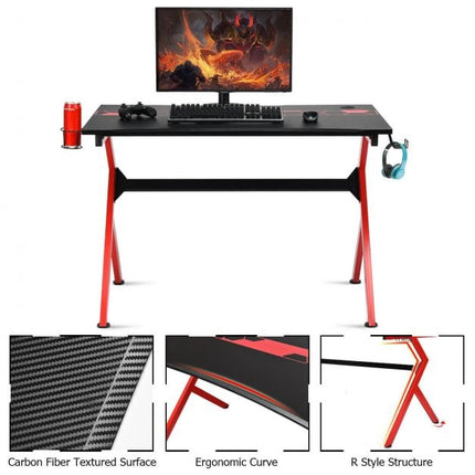 Gaming-Schreibtisch, R-förmig, Kopfhörerhaken, Getränkehalter, 115 cm