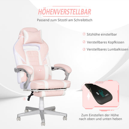 Gamestoel met voetsteun, in hoogte verstelbare bureaustoel met hoofd- en lendenkussen, draaibare gamestoel met kantelbare rugleuning, kunstleer, tot 120 kg, roze