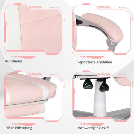 Gamestoel met voetsteun, in hoogte verstelbare bureaustoel met hoofd- en lendenkussen, draaibare gamestoel met kantelbare rugleuning, kunstleer, tot 120 kg, roze