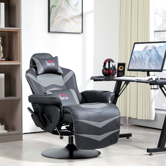 Gaming chair with footrest & massage, gray leather