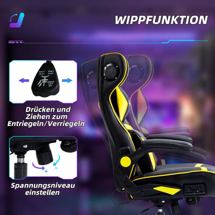 Ergonomická herní židle s reproduktorem, nastavitelná, černá/žlutá