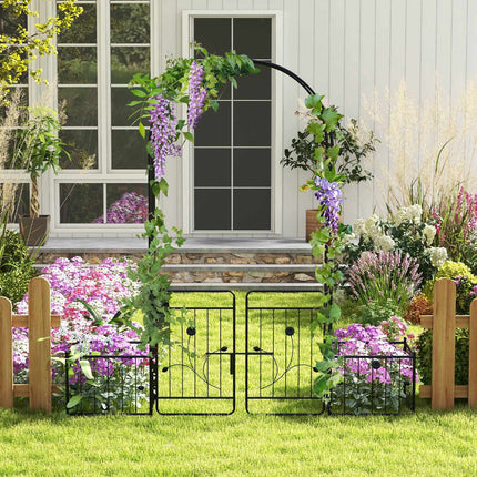 Gartenbogen mit Spalier und abschließbarem Tor, seitliche Pflanzkästen, schwarzes Metall