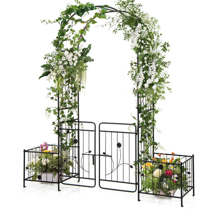 Gartenbogen mit Spalier und abschließbarem Tor, seitliche Pflanzkästen, schwarzes Metall