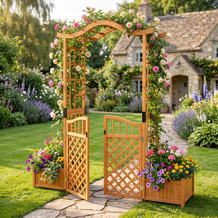 Gartenbogen mit Tor, 2 Pflanzkästen, Tannenholz