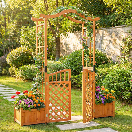Gartenbogen mit Tor, 2 Pflanzkästen, Tannenholz