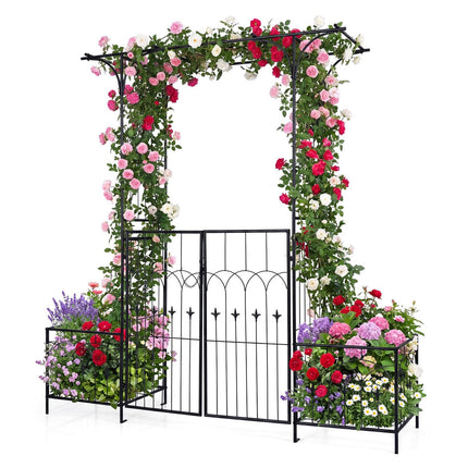Garden Arbor with Gate, Planter Boxes & Trellis - Black Metal