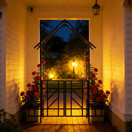 Garden Arch With Gate and Planters, House-Shaped