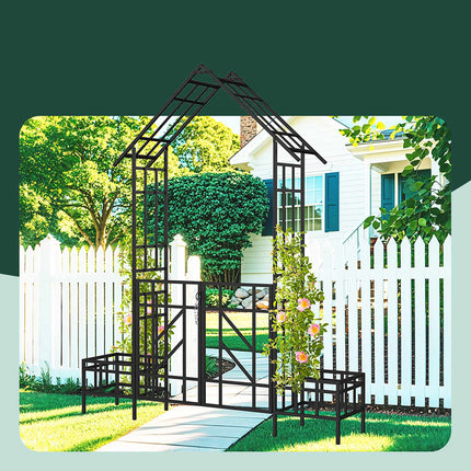 Garden Arch With Gate and Planters, House-Shaped