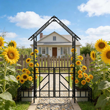 Garden Arch With Gate and Planters, House-Shaped