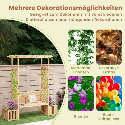 Gartenbogen mit Bank & 2 Pflanzkübeln – Naturholz, 2-Sitzer