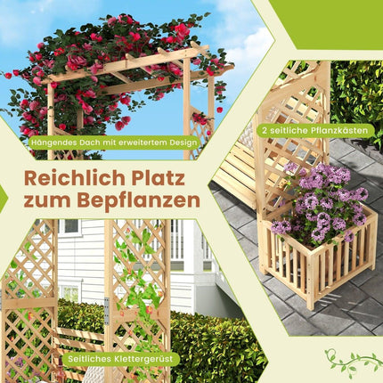 Gartenbogen mit Bank & 2 Pflanzkübeln – Naturholz, 2-Sitzer