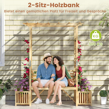 Gartenbogen mit Bank & 2 Pflanzkübeln – Naturholz, 2-Sitzer