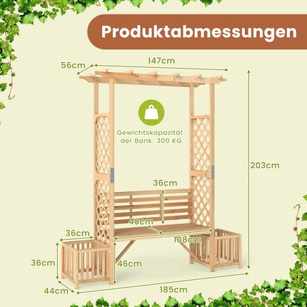 Gartenbogen mit Bank & 2 Pflanzkübeln – Naturholz, 2-Sitzer