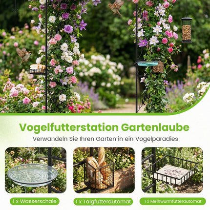 Gartenbogen mit Vogelhäuschen und Wasserschale, Schwarz, 213 cm