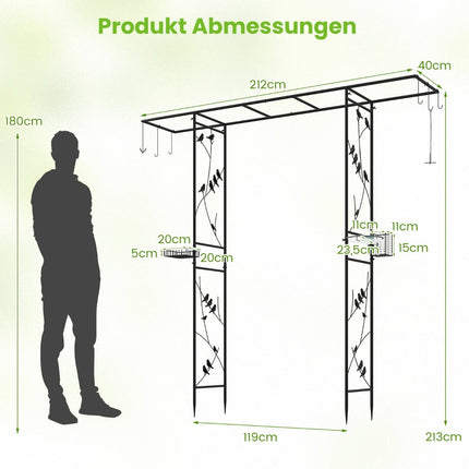 Gartenbogen mit Vogelhäuschen und Wasserschale, Schwarz, 213 cm