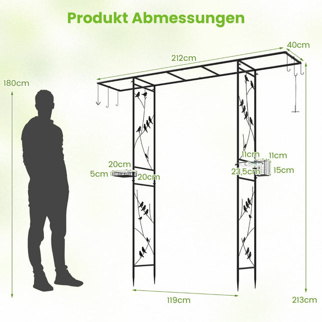 Gartenbogen mit Vogelhäuschen und Wasserschale, Schwarz, 213 cm