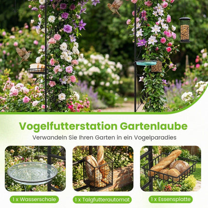 Gartenbogen mit Vogelhäuschen und Wasserschale, Schwarz, 213 cm