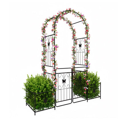 Gartenbogen mit Tor und Pflanzkästen, Metallspalier