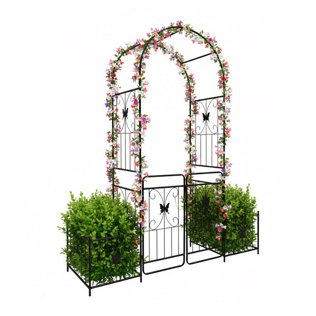 Gartenbogen mit Tor und Pflanzkästen, Metallspalier