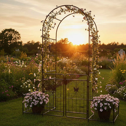 Gartenbogen mit Tor und Pflanzkästen, Metallspalier