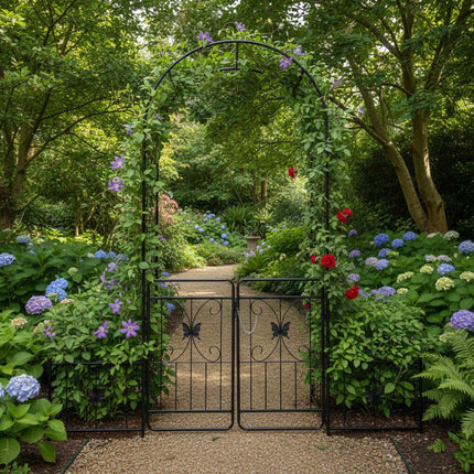 Gartenbogen mit Tor und Pflanzkästen, Metallspalier