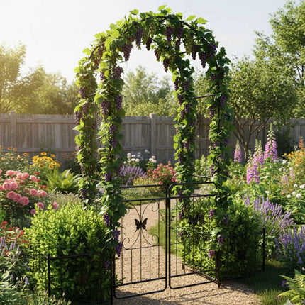 Gartenbogen mit Tor und Pflanzkästen, Metallspalier