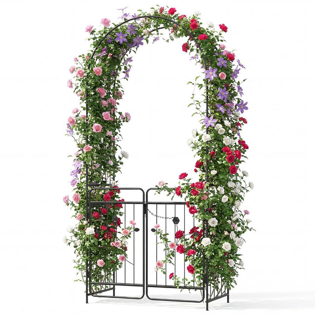 Gartenbogen mit abschließbarem Tor, Metallspalier, Schwarz