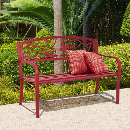 Garden Bench, Cast Iron Steel, 2-3 Seater, Red