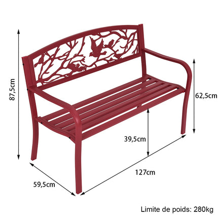 Garden Bench, Cast Iron Steel, 2-3 Seater, Red