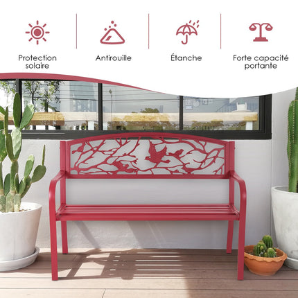 Garden Bench, Cast Iron Steel, 2-3 Seater, Red