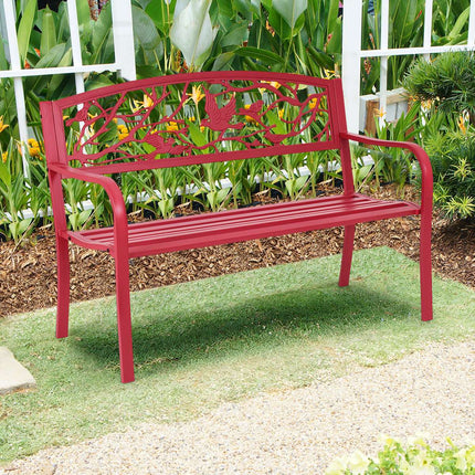 Garden Bench, Cast Iron Steel, 2-3 Seater, Red