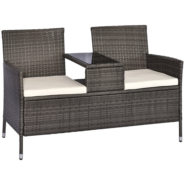 Gartenbank aus Polyrattan, 2-Sitzer mit Tisch, grau