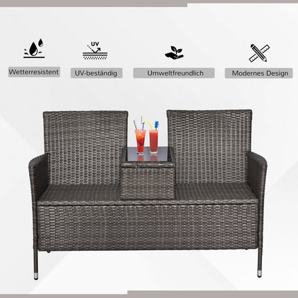 Gartenbank aus Polyrattan, 2-Sitzer mit Tisch, grau
