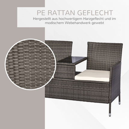 Gartenbank aus Polyrattan, 2-Sitzer mit Tisch, grau