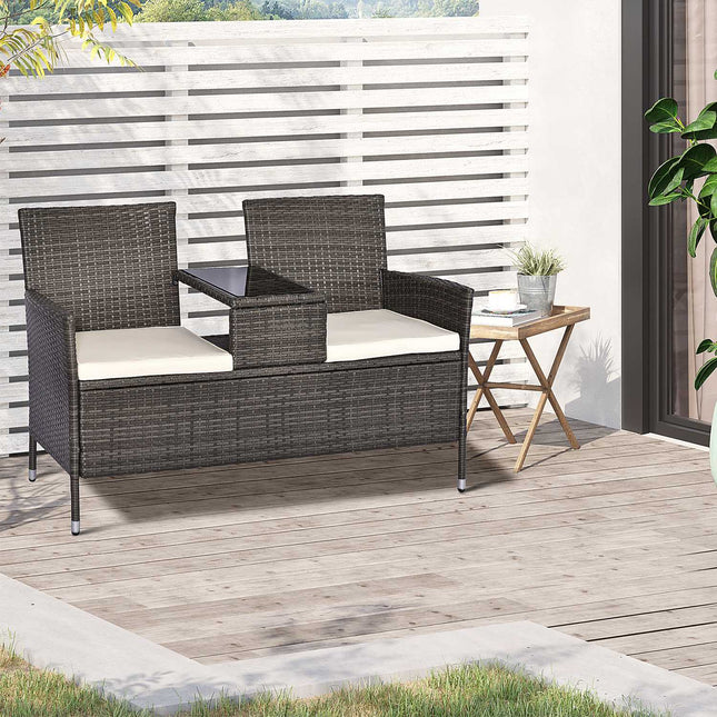 Gartenbank aus Polyrattan, 2-Sitzer mit Tisch, grau