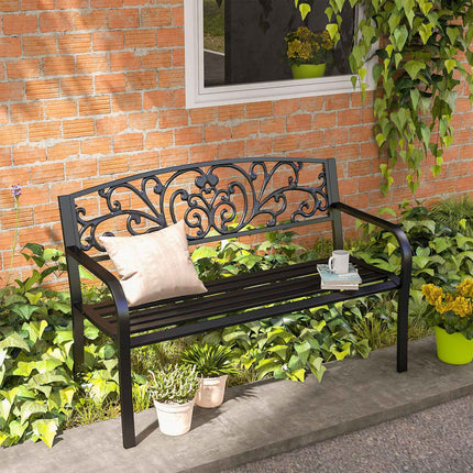 Tuinbank Metaal 2-zits Parkbank met Rugleuning en Armleuning Weerbestendig Belastbaarheid tot 250 kg voor Balkon en Terras Zwart