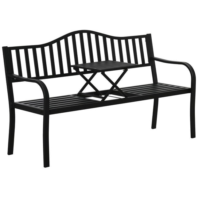Schwarzmetall-Parkbank mit ausziehbarem Tisch, 150 cm