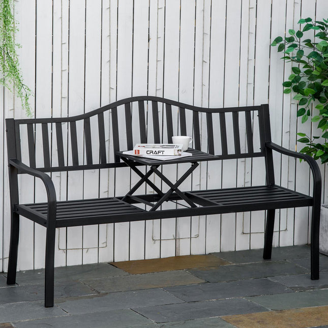 Schwarzmetall-Parkbank mit ausziehbarem Tisch, 150 cm