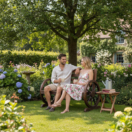 Gartenbank mit Wagenrad-Armlehnen, 2-Sitzer