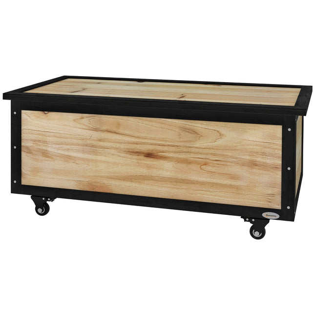 Weatherproof wooden storage box with wheels, 121L capacity