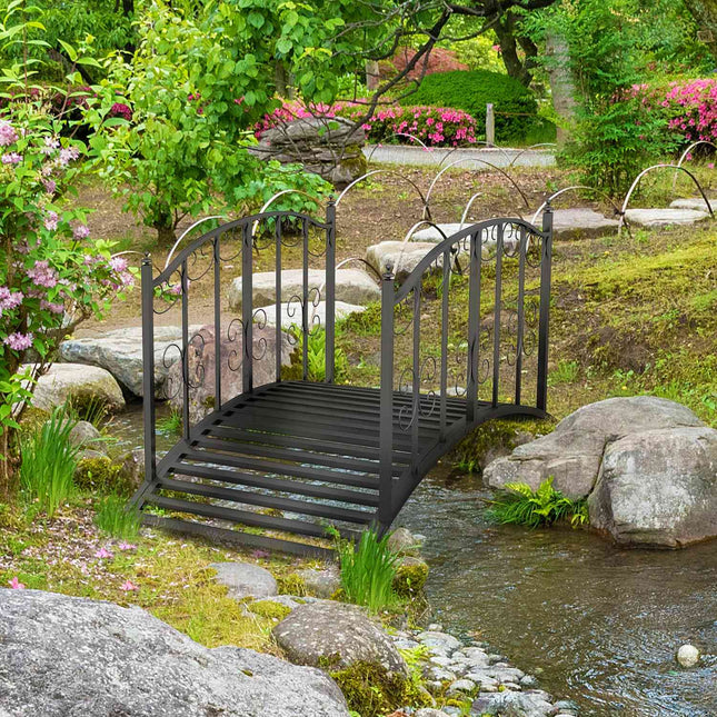 Gartenteichbrücke aus Stahl mit Blumengeländer, 1,19 m, schwarz
