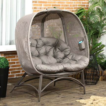 Wicker 2-seater garden chair with cushion, folding basket