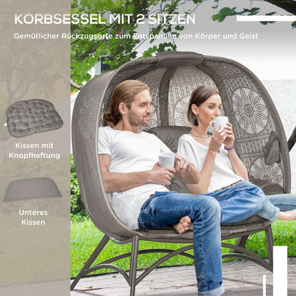 Wicker 2-seater garden chair with cushion, folding basket