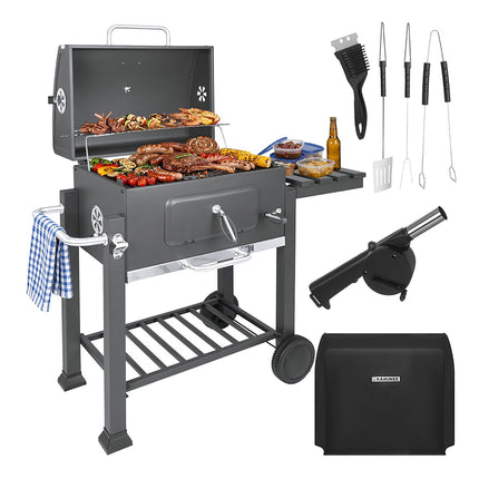 Garden Charcoal Grill with Cover, Cast Iron Grate, Thermometer