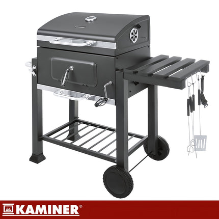 Garden Charcoal Grill with Cover, Cast Iron Grate, Thermometer