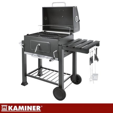 Garden Charcoal Grill with Cover, Cast Iron Grate, Thermometer
