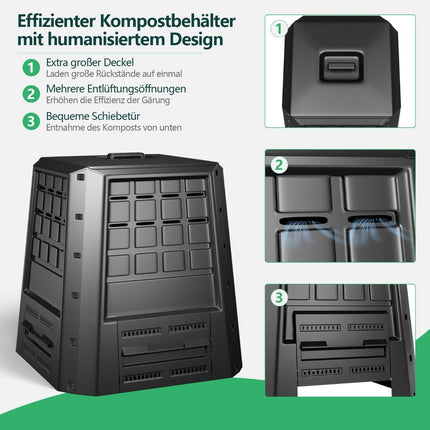 Gartenkomposter 380L – Schwarz, robustes PP mit Deckel