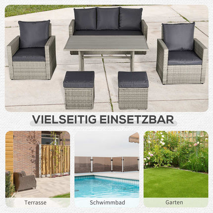 Gartensofa mit Liege & Hocker, PE Rattan grau