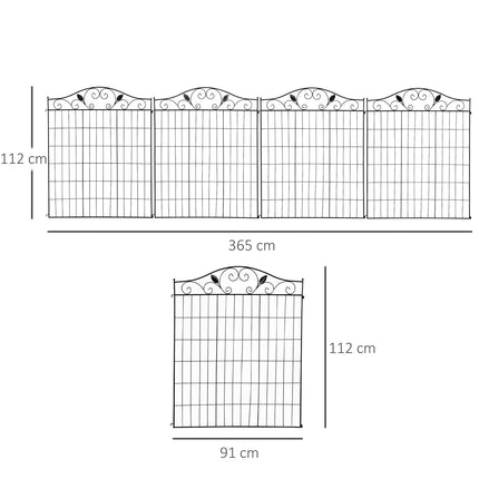 Dekorativer Gartenzaun aus schwarzem Metall, 4 Paneele, 365x112 cm