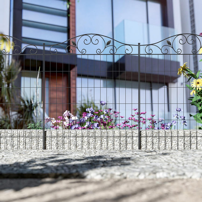 Decorative black metal garden fence set, 4 panels, 365x112 cm